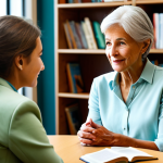 An empathetic female reading mediator, dressed in modest, elegant business casual attire, is seated at a round table in a sunlit, modern community library lounge. She is leaning slightly forward, listening attentively with a warm, open expression, engaging in a quiet conversation with an elderly woman. Books are neatly arranged on shelves in the background, and comfortable armchairs are visible. The atmosphere is inviting and serene.
    safe for work, appropriate content, fully clothed, professional dress, perfect anatomy, correct proportions, natural pose, well-formed hands, proper finger count, natural body proportions, high-quality, professional photography, family-friendly.
