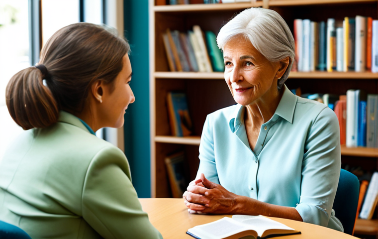 An empathetic female reading mediator, dressed in modest, elegant business casual attire, is seated at a round table in a sunlit, modern community library lounge. She is leaning slightly forward, listening attentively with a warm, open expression, engaging in a quiet conversation with an elderly woman. Books are neatly arranged on shelves in the background, and comfortable armchairs are visible. The atmosphere is inviting and serene.
safe for work, appropriate content, fully clothed, professional dress, perfect anatomy, correct proportions, natural pose, well-formed hands, proper finger count, natural body proportions, high-quality, professional photography, family-friendly.