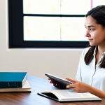 A professional female reading specialist, fully clothed in a modest business casual outfit, sits at a contemporary desk, gently guiding a young adult student who is focused on a tablet. Open physical books are also visible on the desk, emphasizing critical thinking in a blended learning environment. The setting is a bright, modern learning studio with natural light. Perfect anatomy, correct proportions, natural pose, well-formed hands, proper finger count, natural body proportions. Professional photography, high-resolution, focused, clear. Safe for work, appropriate content, family-friendly, professional dress.