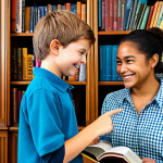 Reading Guide at Work**

"A professional reading guide, fully clothed, assisting a young student in a cozy library. The guide is pointing to a book with a warm smile, creating a welcoming atmosphere. Bookshelves filled with diverse titles in the background. Safe for work, appropriate content, modest attire, perfect anatomy, natural pose, well-formed hands, proper finger count, natural body proportions, professional photography, high quality."

**
