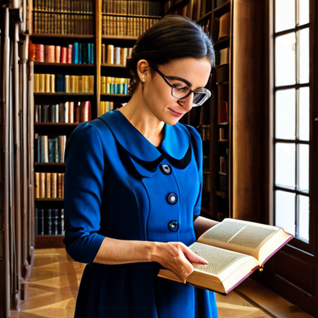 A Librarian in Madrid** "A professional librarian in a modest, dark blue dress and glasses, organizing books in a beautiful, sunlit library in Madrid, Spain. The library features classic Spanish architecture. Fully clothed, appropriate attire, safe for work, perfect anatomy, natural proportions, professional photography, high quality." **