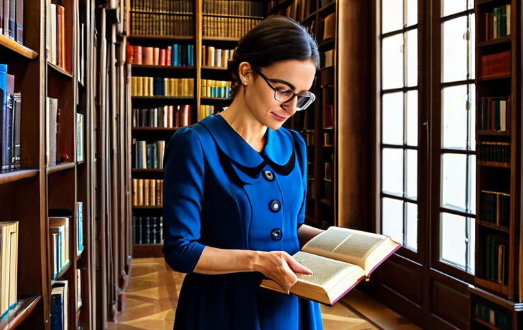 A Librarian in Madrid** "A professional librarian in a modest, dark blue dress and glasses, organizing books in a beautiful, sunlit library in Madrid, Spain. The library features classic Spanish architecture. Fully clothed, appropriate attire, safe for work, perfect anatomy, natural proportions, professional photography, high quality." **