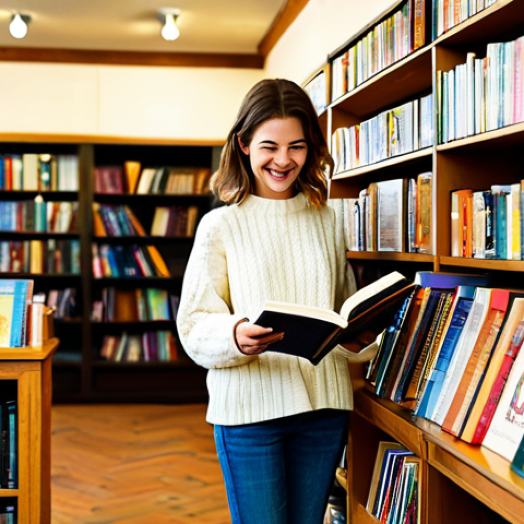 독서지도사 자격증 독학 성공기 - Cozy Bookstore Scene** "A young woman with a warm smile, wearing a comfortable, oversized sweater a...