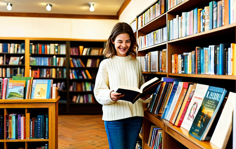 독서지도사 자격증 독학 성공기 - Cozy Bookstore Scene** "A young woman with a warm smile, wearing a comfortable, oversized sweater a...