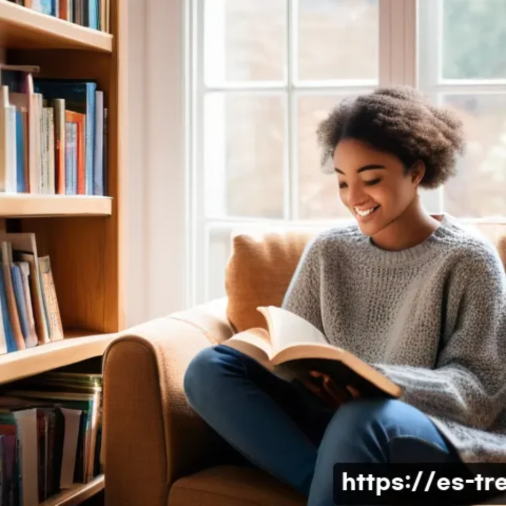 독서지도사 개인 브랜딩 전략 - A cozy, sun-drenched reading nook features a young person (wearing a comfortable, modest sweater and...