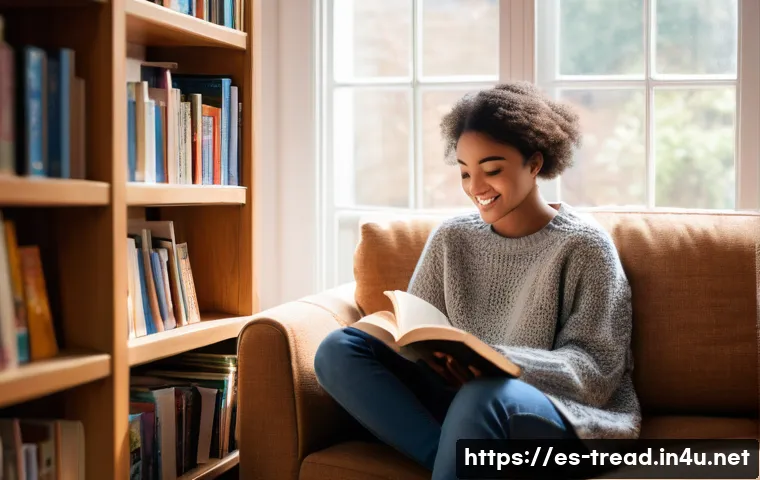 독서지도사 개인 브랜딩 전략 - A cozy, sun-drenched reading nook features a young person (wearing a comfortable, modest sweater and...