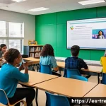 독서지도사 강의 콘텐츠 제작 사례 - A vibrant classroom scene in a modern Spanish-speaking school, featuring a diverse group of young ad...