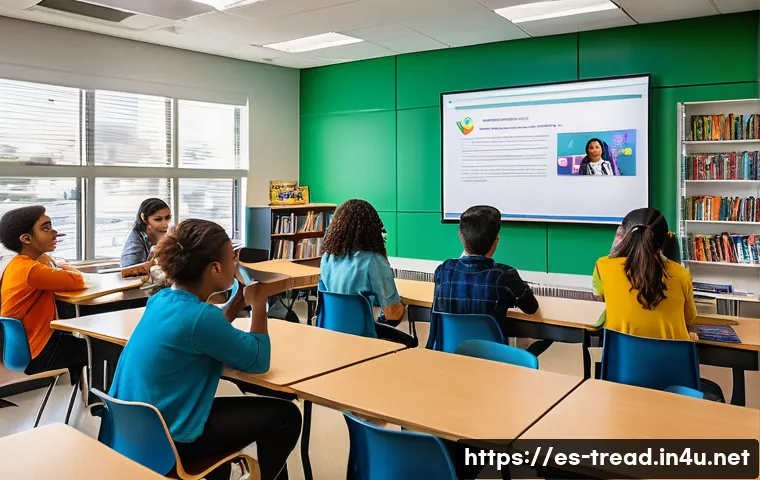 독서지도사 강의 콘텐츠 제작 사례 - A vibrant classroom scene in a modern Spanish-speaking school, featuring a diverse group of young ad...