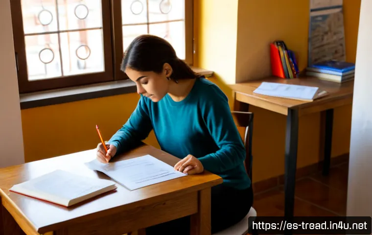 Home 17 독서지도사 필기시험 문제 유형 - Photorealistic Spanish adult woman preparing for a reading education certification written exam at a...
