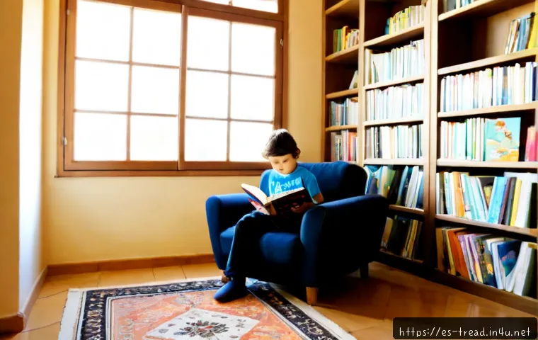 독서지도사와 독서환경 디자인 - Photorealistic reading mentor guiding a curious school-aged child at a warm home library in Spain, a...